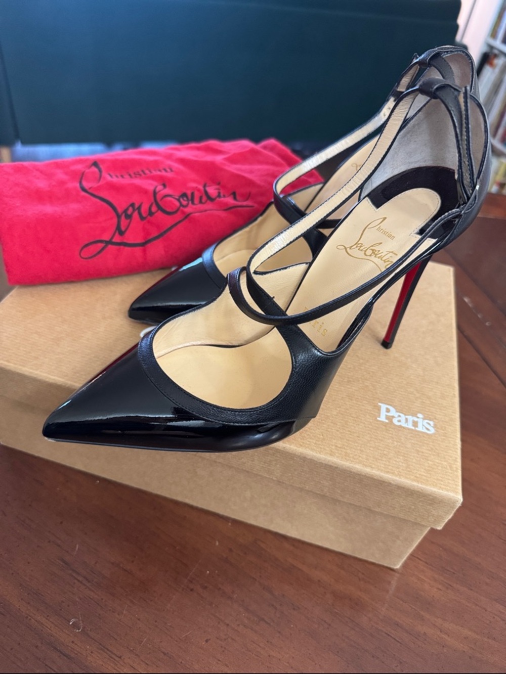 Christian Louboutin Black Patent Leather Strappy Pointed Pumps